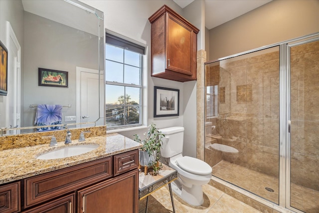 full bathroom featuring a stall shower, vanity, and toilet