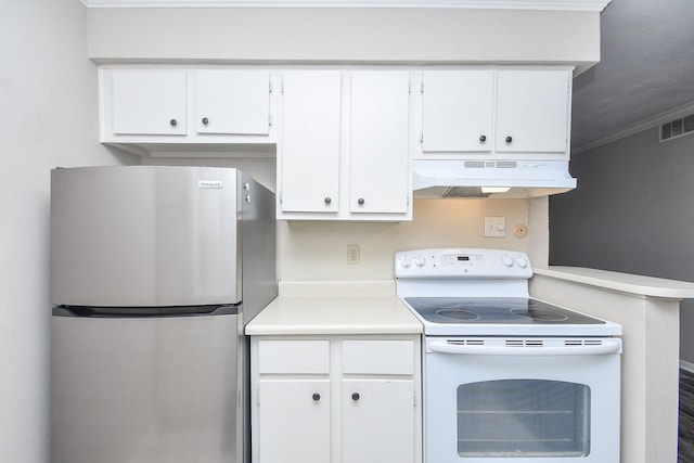 kitchen featuring light countertops, white electric range, freestanding refrigerator, white cabinetry, and under cabinet range hood