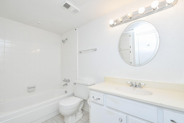 full bathroom with toilet, shower / tub combination, visible vents, and vanity