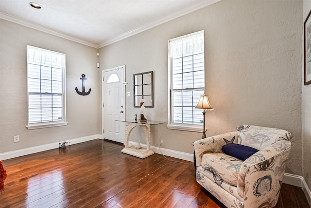 entrance foyer featuring wood-type flooring, ornamental molding, and baseboards