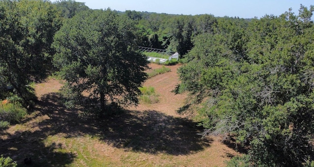 drone / aerial view featuring a forest view