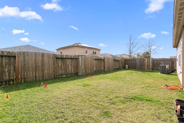 view of yard featuring a fenced backyard and central air condition unit