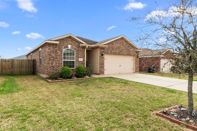 ranch-style home featuring a garage, brick siding, fence, driveway, and a front lawn