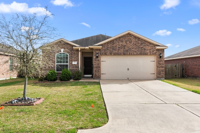 single story home with a garage, brick siding, driveway, and a front yard