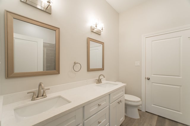 bathroom featuring toilet, double vanity, a sink, and wood finished floors