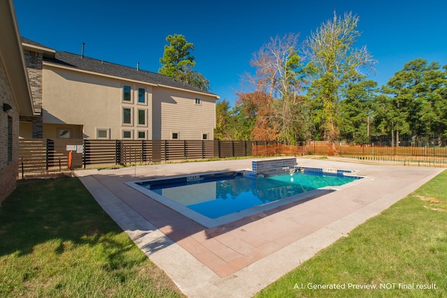 view of pool with a fenced backyard, a lawn, a fenced in pool, and a patio