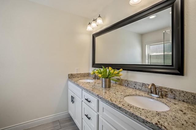 bathroom featuring double vanity, wood finished floors, baseboards, and a sink