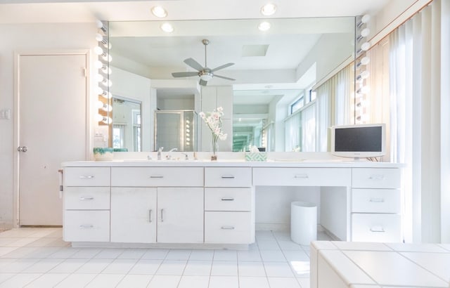 full bathroom featuring vanity, recessed lighting, ceiling fan, tile patterned flooring, and a shower stall