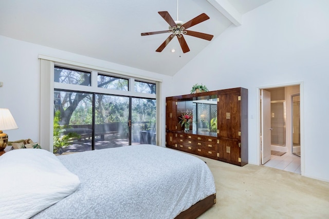 bedroom featuring carpet, beamed ceiling, high vaulted ceiling, ensuite bath, and access to outside