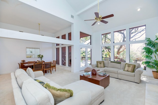 carpeted living area featuring visible vents, beam ceiling, high vaulted ceiling, a ceiling fan, and recessed lighting