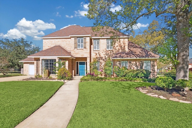 view of front of home featuring brick siding and a front lawn