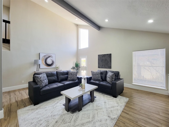 living room featuring a textured ceiling, wood finished floors, and baseboards