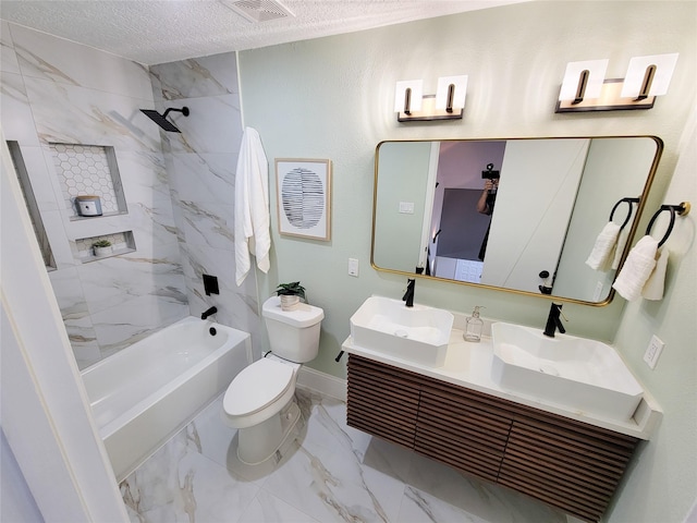 full bath featuring a textured ceiling, toilet, a sink, visible vents, and marble finish floor