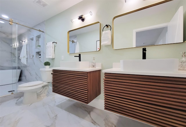 bathroom featuring toilet, a sink, visible vents, marble finish floor, and a marble finish shower