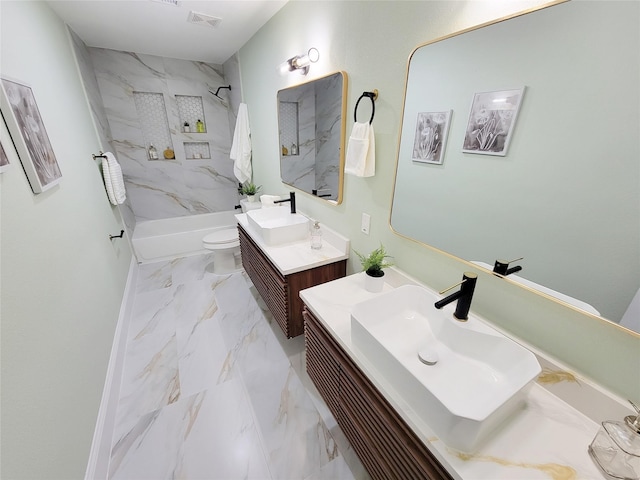 bathroom featuring shower / bath combination, visible vents, toilet, marble finish floor, and vanity