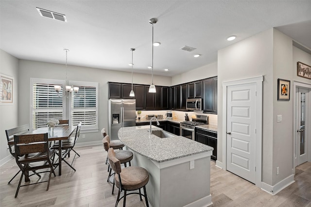 kitchen featuring stainless steel appliances, a sink, visible vents, light wood-type flooring, and an island with sink