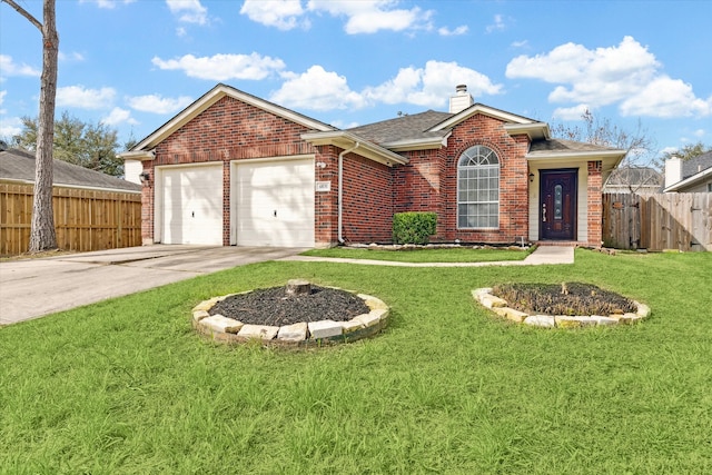 single story home featuring a garage, brick siding, fence, concrete driveway, and a chimney