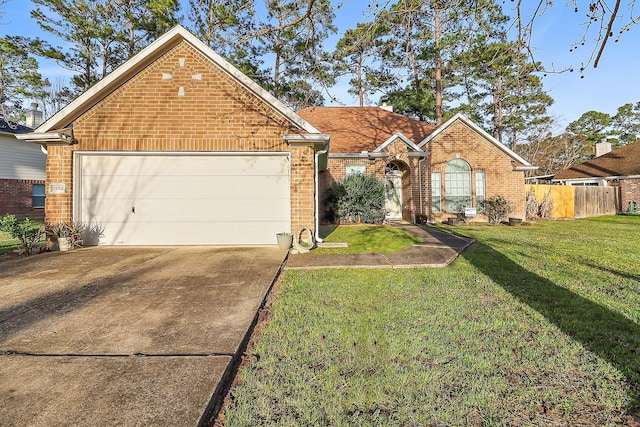 view of front facade featuring concrete driveway, brick siding, a front yard, and fence