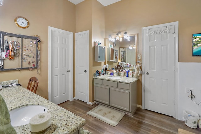 bathroom with a sink, two vanities, and wood finished floors