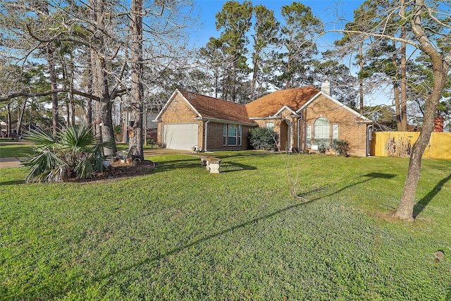 view of front facade with a garage, a chimney, fence, a front lawn, and brick siding