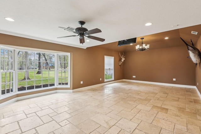5503 Bayou Blvd, Baytown, TX 77521 - empty room with visible vents, baseboards, recessed lighting, ceiling fan with notable chandelier, and stone tile flooring
