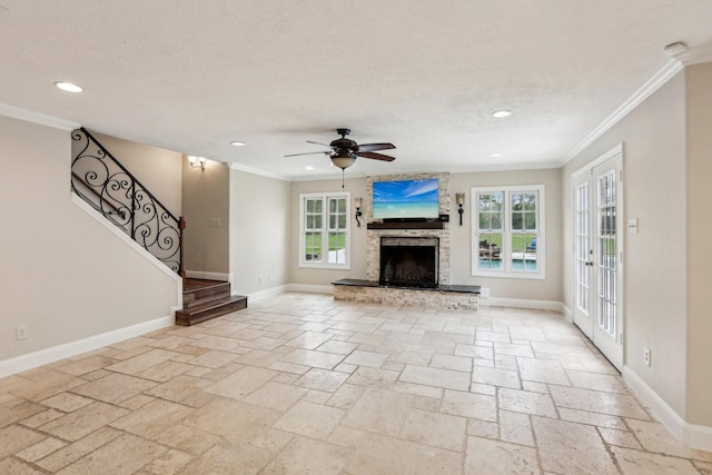 5503 Bayou Blvd, Baytown, TX 77521 - unfurnished living room with stone tile flooring, baseboards, and a fireplace with raised hearth