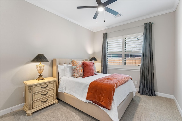 139 Ballantyne Dr, Montgomery, TX 77316 - bedroom with baseboards, visible vents, light colored carpet, and ornamental molding