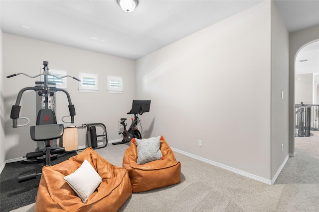 139 Ballantyne Dr, Montgomery, TX 77316 - workout area featuring baseboards, arched walkways, and carpet flooring