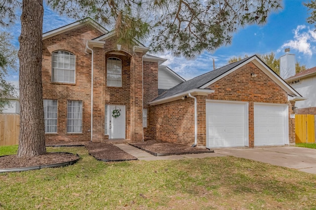 traditional-style house featuring brick siding, an attached garage, a front yard, fence, and driveway