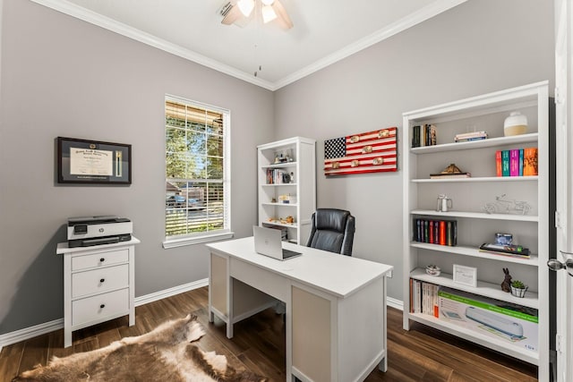 office featuring dark wood finished floors, crown molding, a ceiling fan, and baseboards