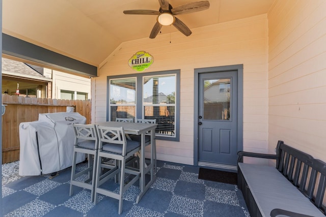 view of patio / terrace with outdoor dining space, a grill, a ceiling fan, and fence