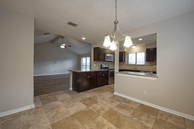 kitchen featuring visible vents, a sink, appliances with stainless steel finishes, decorative backsplash, and dark brown cabinets