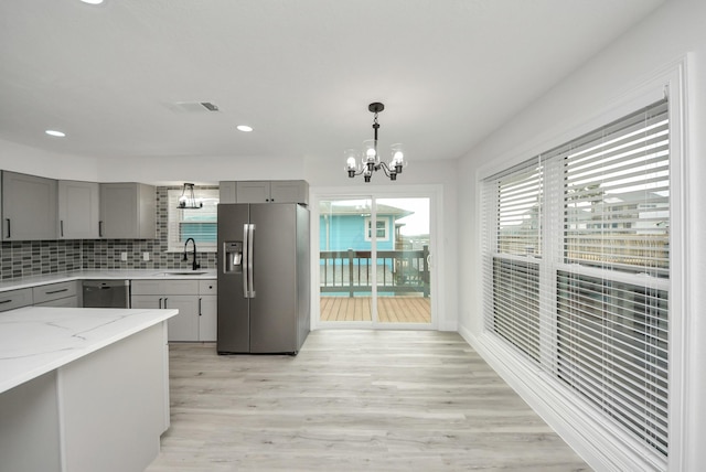 kitchen with stainless steel appliances, tasteful backsplash, gray cabinets, visible vents, and a sink