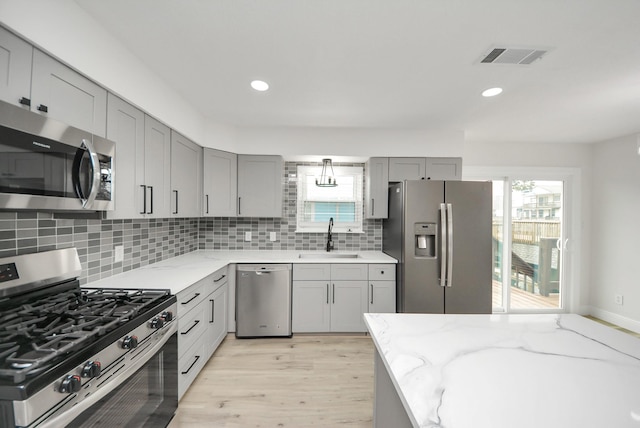 kitchen featuring gray cabinetry, stainless steel appliances, a sink, visible vents, and backsplash