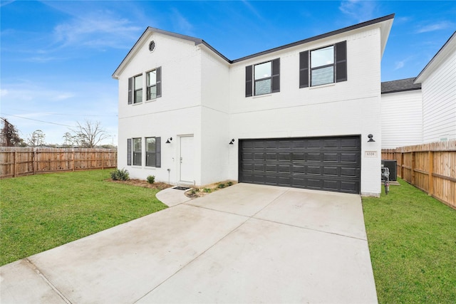 view of front facade featuring an attached garage, central AC, fence, concrete driveway, and a front yard