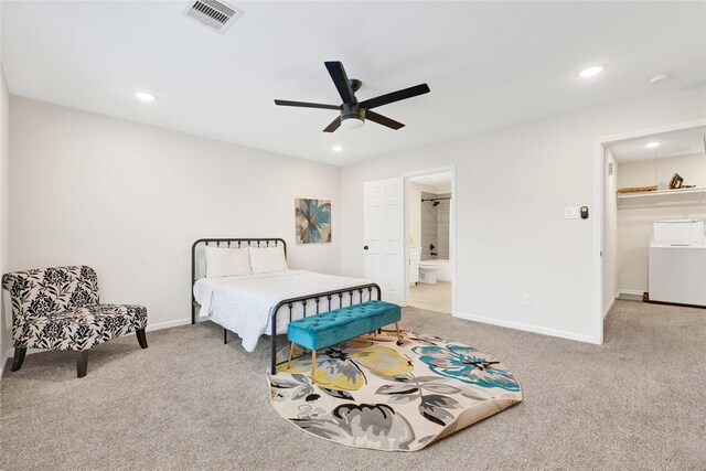 carpeted bedroom with washer / clothes dryer, recessed lighting, visible vents, and baseboards