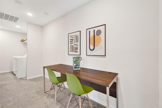 office with recessed lighting, washer / clothes dryer, visible vents, light carpet, and baseboards