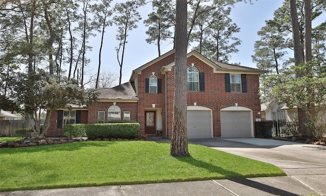 view of front of property with fence, a front lawn, concrete driveway, and brick siding