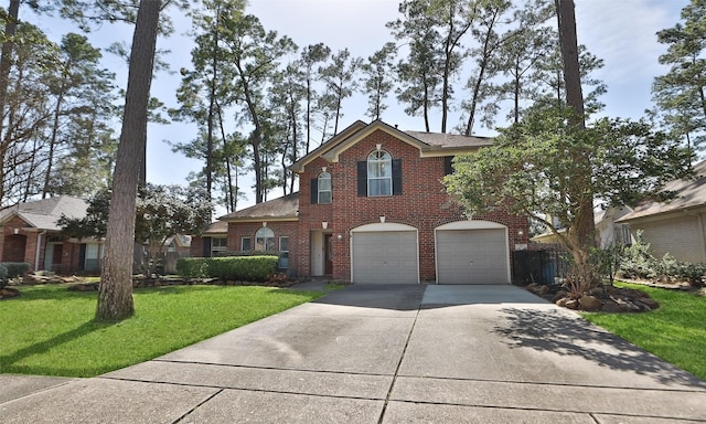 traditional home with driveway, roof with shingles, brick siding, a front lawn, and a garage