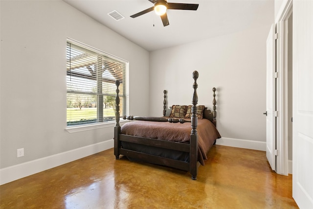 bedroom with ceiling fan, concrete floors, visible vents, and baseboards