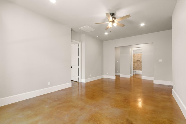 unfurnished room with visible vents, baseboards, a ceiling fan, concrete floors, and recessed lighting