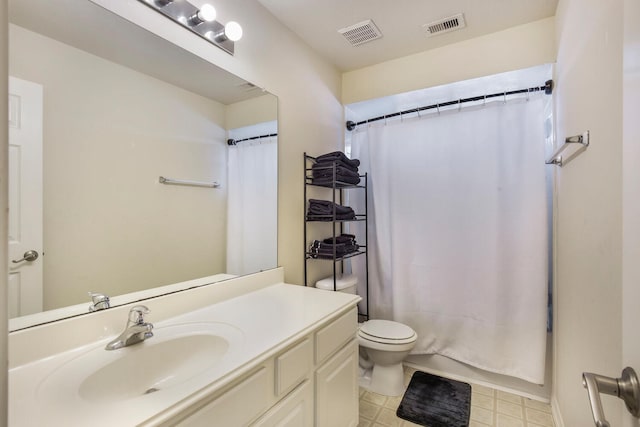 full bath with vanity, shower / bath combination with curtain, toilet, and visible vents