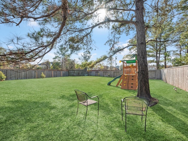 view of yard with a fenced backyard and a playground