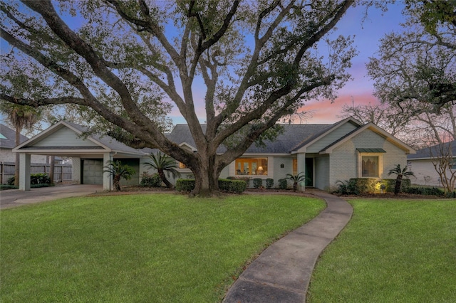 view of front of property featuring an attached garage, a front lawn, a carport, concrete driveway, and brick siding