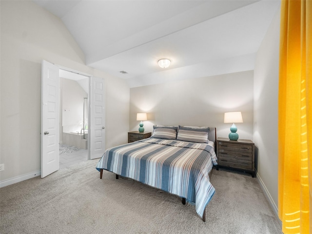 bedroom with lofted ceiling, baseboards, visible vents, and carpet