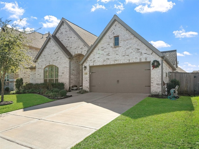 french country style house with a garage, driveway, brick siding, and a front yard