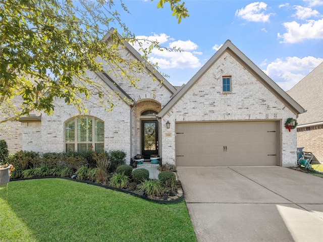 french country style house with concrete driveway, brick siding, and a front lawn