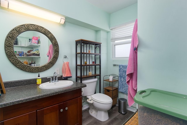 bathroom with toilet, vanity, and wood finished floors