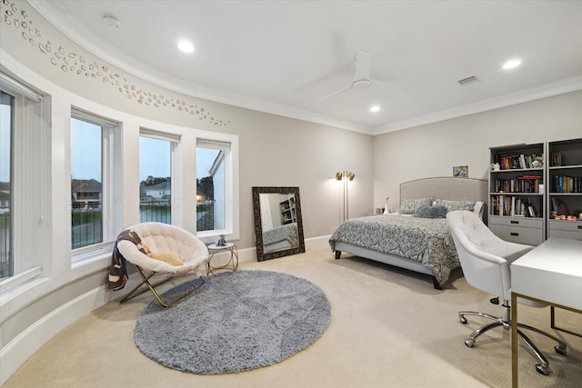 bedroom with visible vents, baseboards, ornamental molding, carpet floors, and recessed lighting