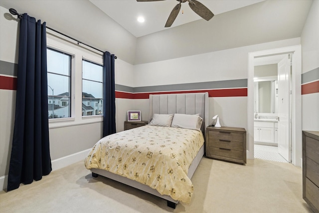 bedroom featuring baseboards, recessed lighting, ceiling fan, carpet flooring, and connected bathroom